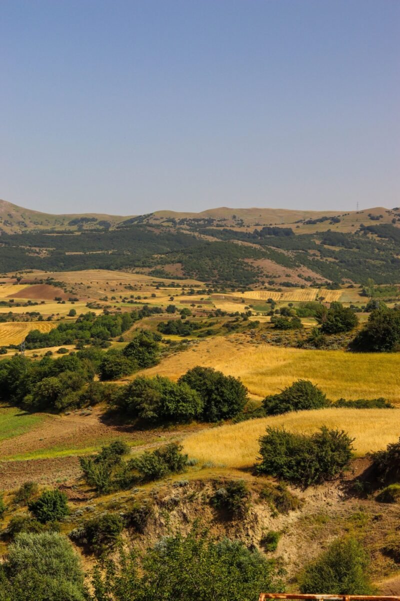 Beautiful view of sunlit rolling hills and fields in summer with clear blue sky.